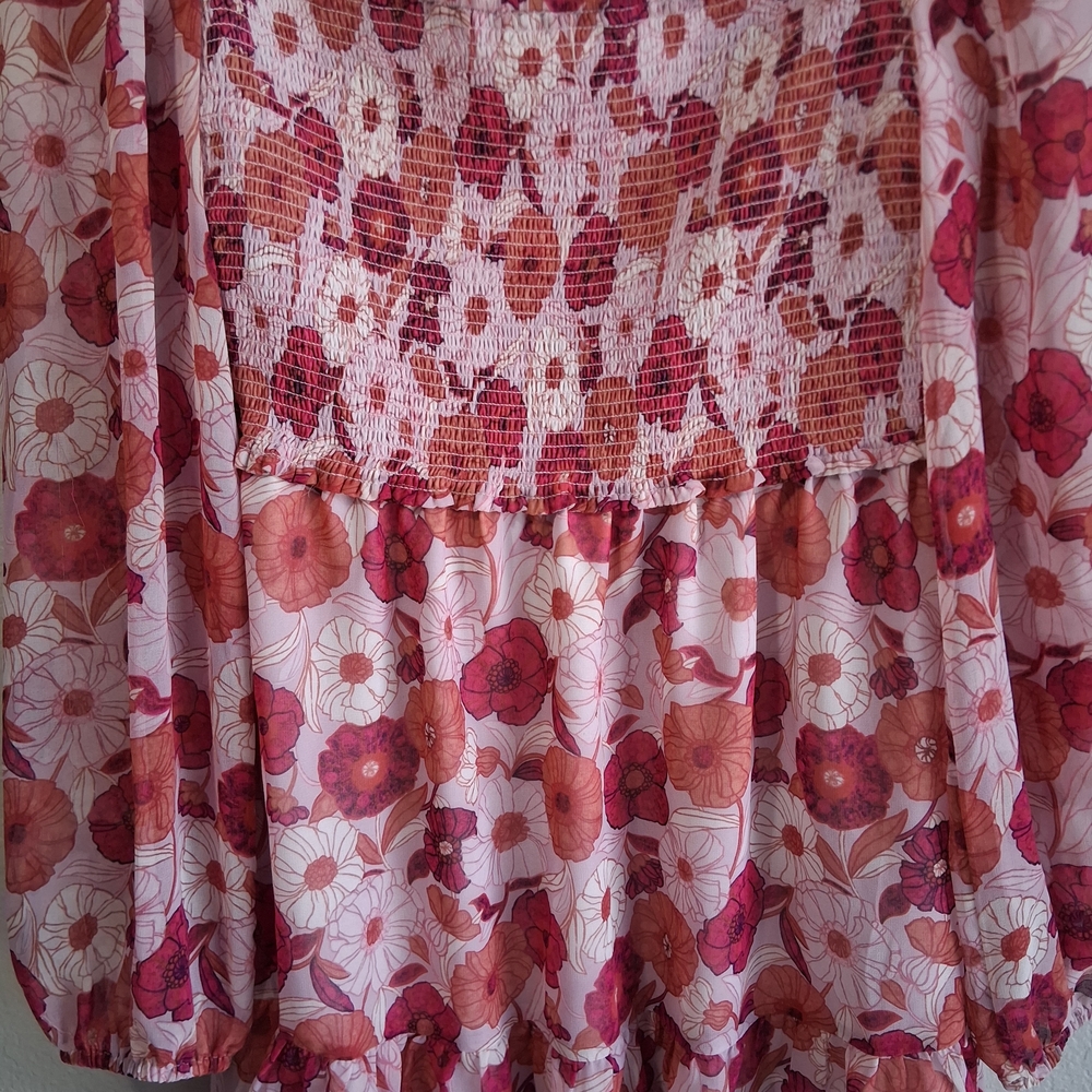 Wilfred Aritzia Artesia Smocked Pink Poppy Floral Boho Cottagecore Mini Dress M - Picture 6 of 16